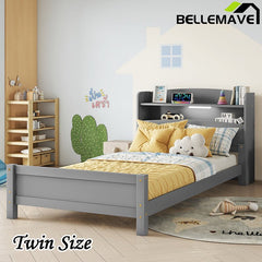 Bellemave® Pine Wood Bed with Bookcase Headboard ,LED Motion Sensor Light and Guardrails - Bellemave