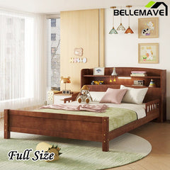 Bellemave® Pine Wood Bed with Bookcase Headboard ,LED Motion Sensor Light and Guardrails - Bellemave