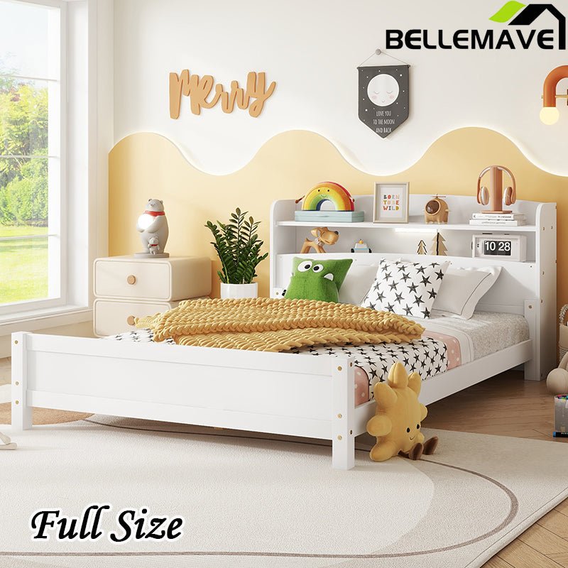 Bellemave® Pine Wood Bed with Bookcase Headboard ,LED Motion Sensor Light and Guardrails - Bellemave