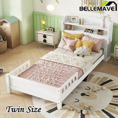 Bellemave® Pine Wood Bed with Bookcase Headboard ,LED Motion Sensor Light and Guardrails - Bellemave