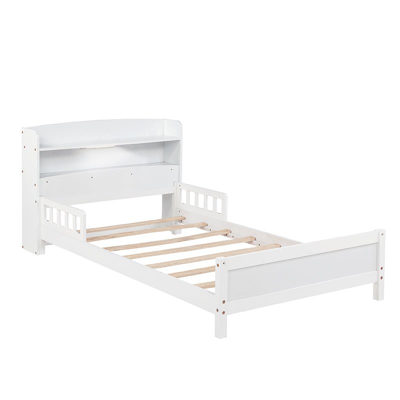 Bellemave® Pine Wood Bed with Bookcase Headboard ,LED Motion Sensor Light and Guardrails - Bellemave