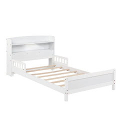 Bellemave® Pine Wood Bed with Bookcase Headboard ,LED Motion Sensor Light and Guardrails - Bellemave