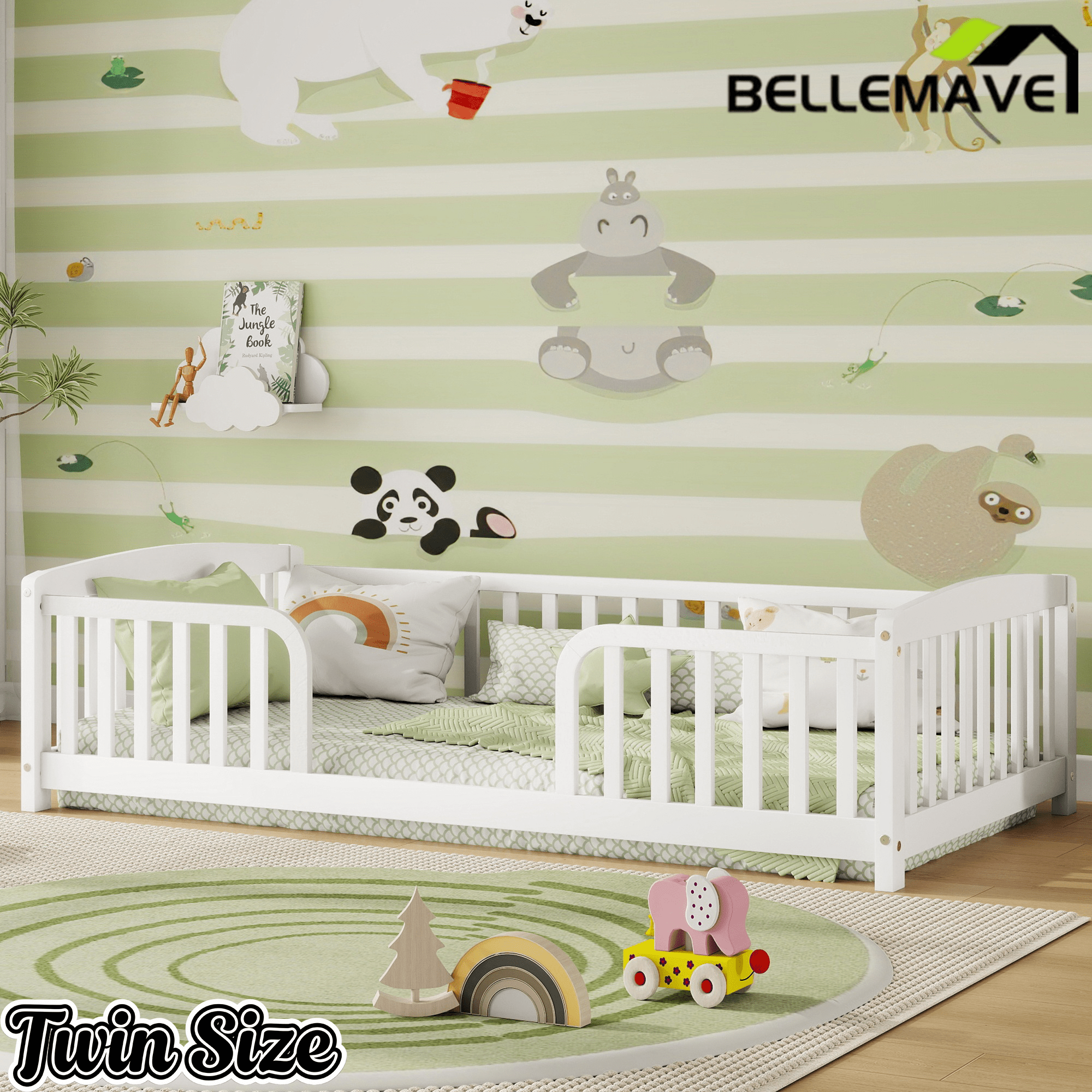 Bellemave® Pine Wood Floor Bed with Fence Guardrails & Central Entrance - Bellemave