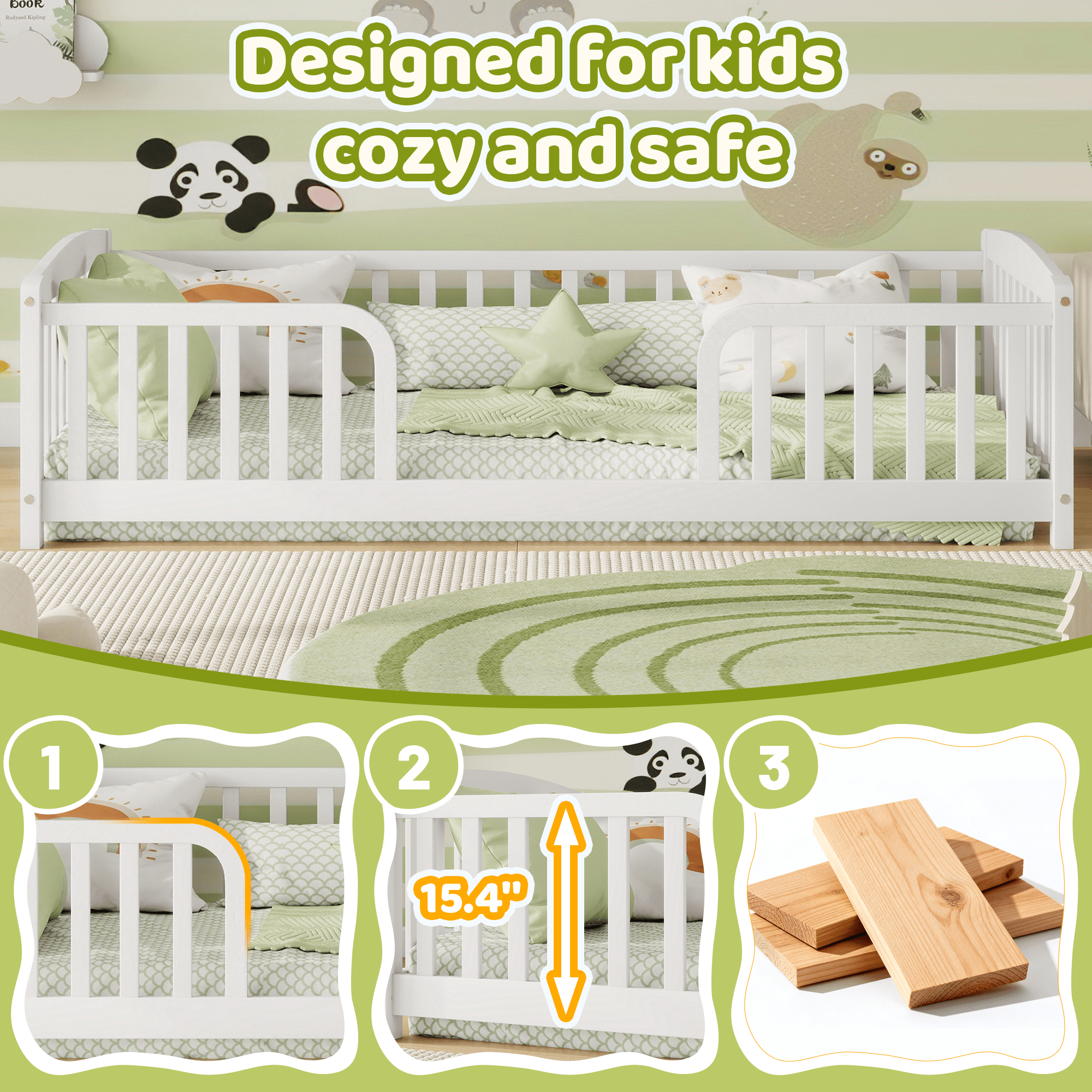 Bellemave® Pine Wood Floor Bed with Fence Guardrails & Central Entrance - Bellemave