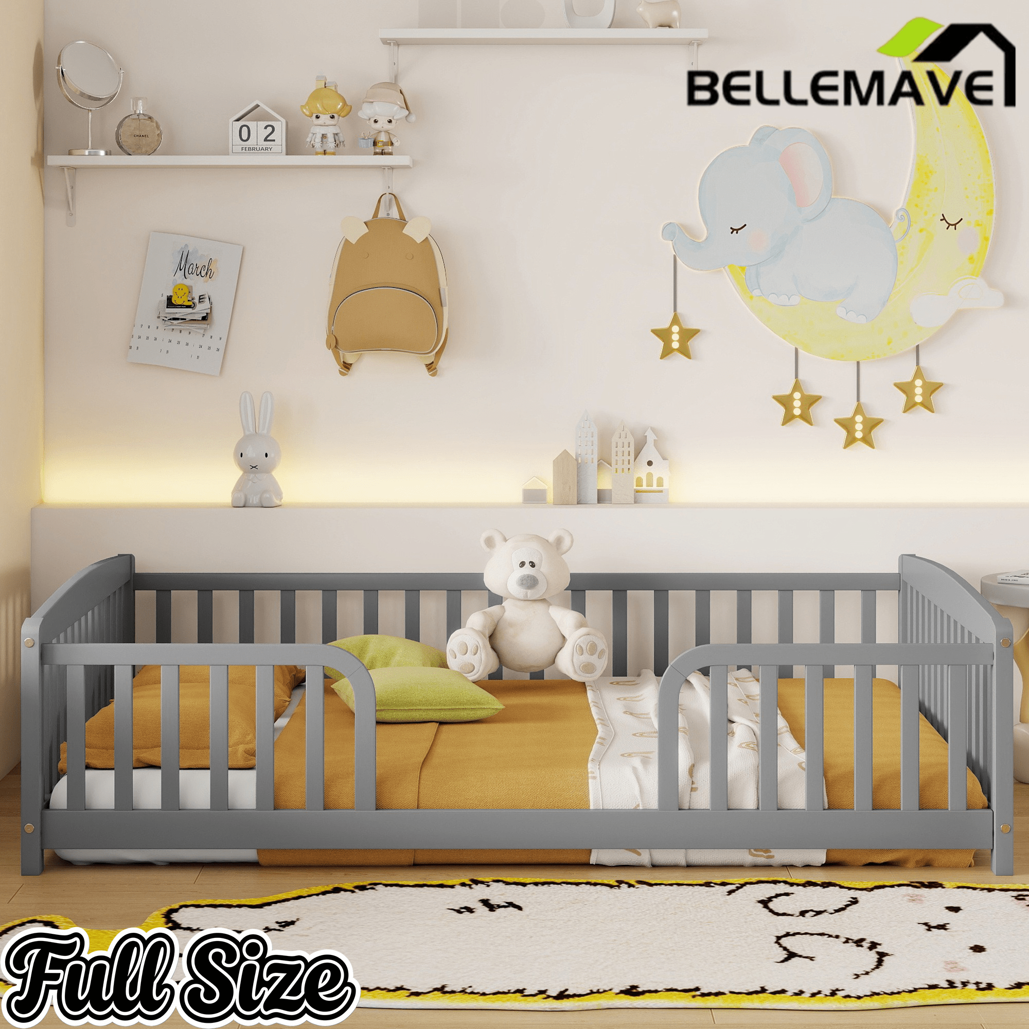 Bellemave® Pine Wood Floor Bed with Fence Guardrails & Central Entrance - Bellemave