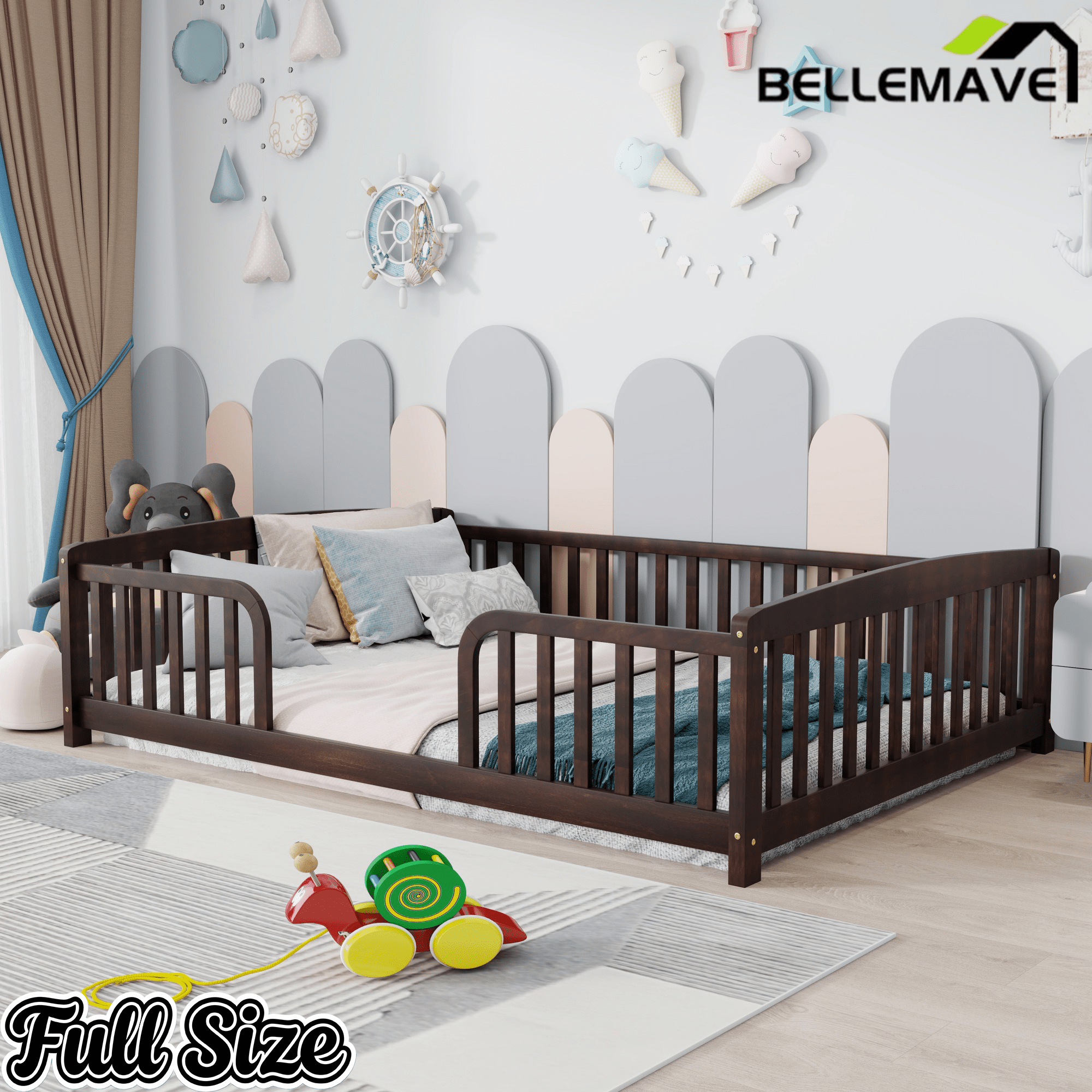Bellemave® Pine Wood Floor Bed with Fence Guardrails & Central Entrance - Bellemave