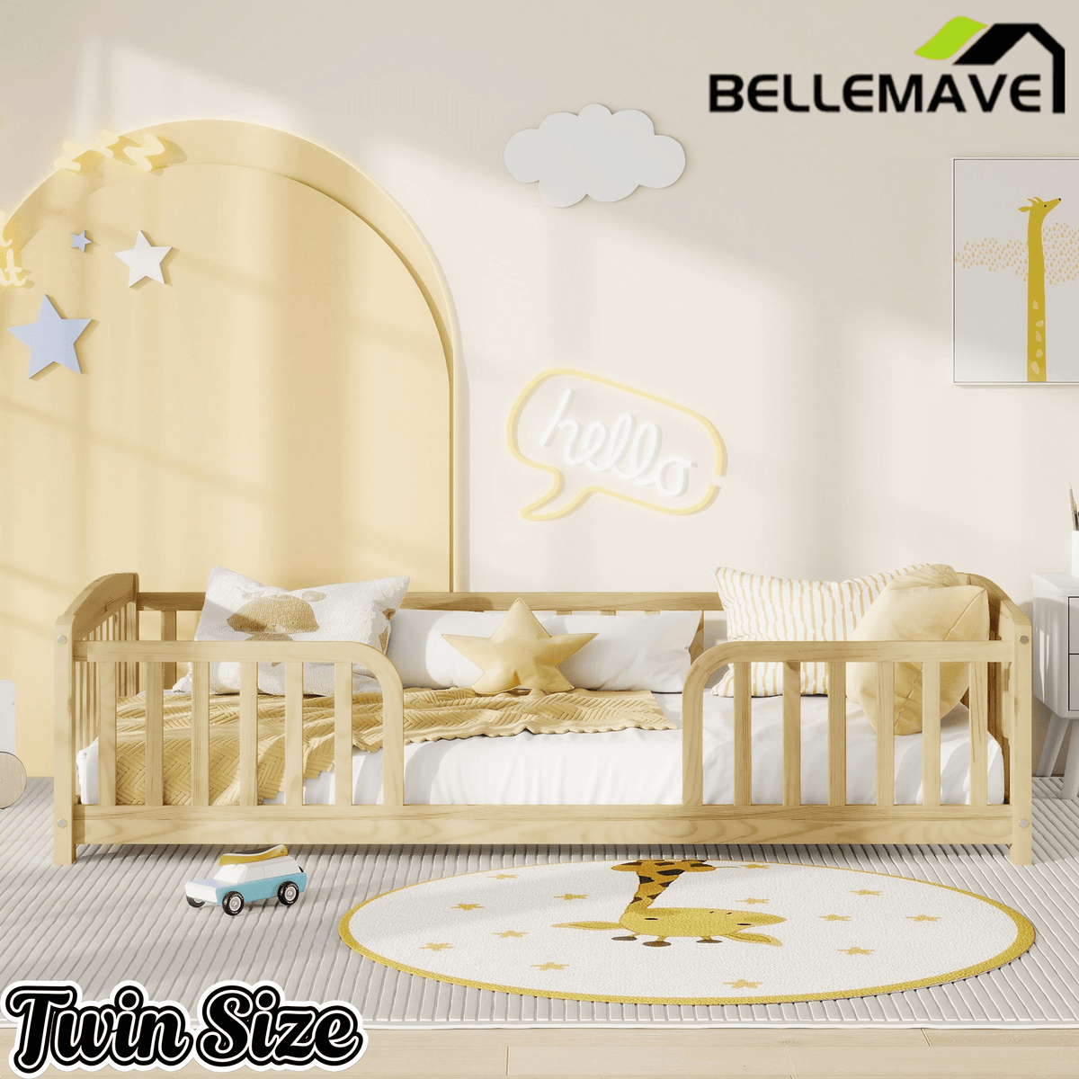 Bellemave® Pine Wood Floor Bed with Fence Guardrails & Central Entrance - Bellemave
