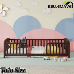 Bellemave® Pine Wood Floor Bed with Fence Guardrails & Central Entrance - Bellemave