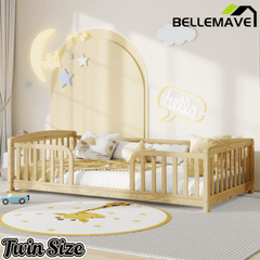 Bellemave® Pine Wood Floor Bed with Fence Guardrails & Central Entrance - Bellemave