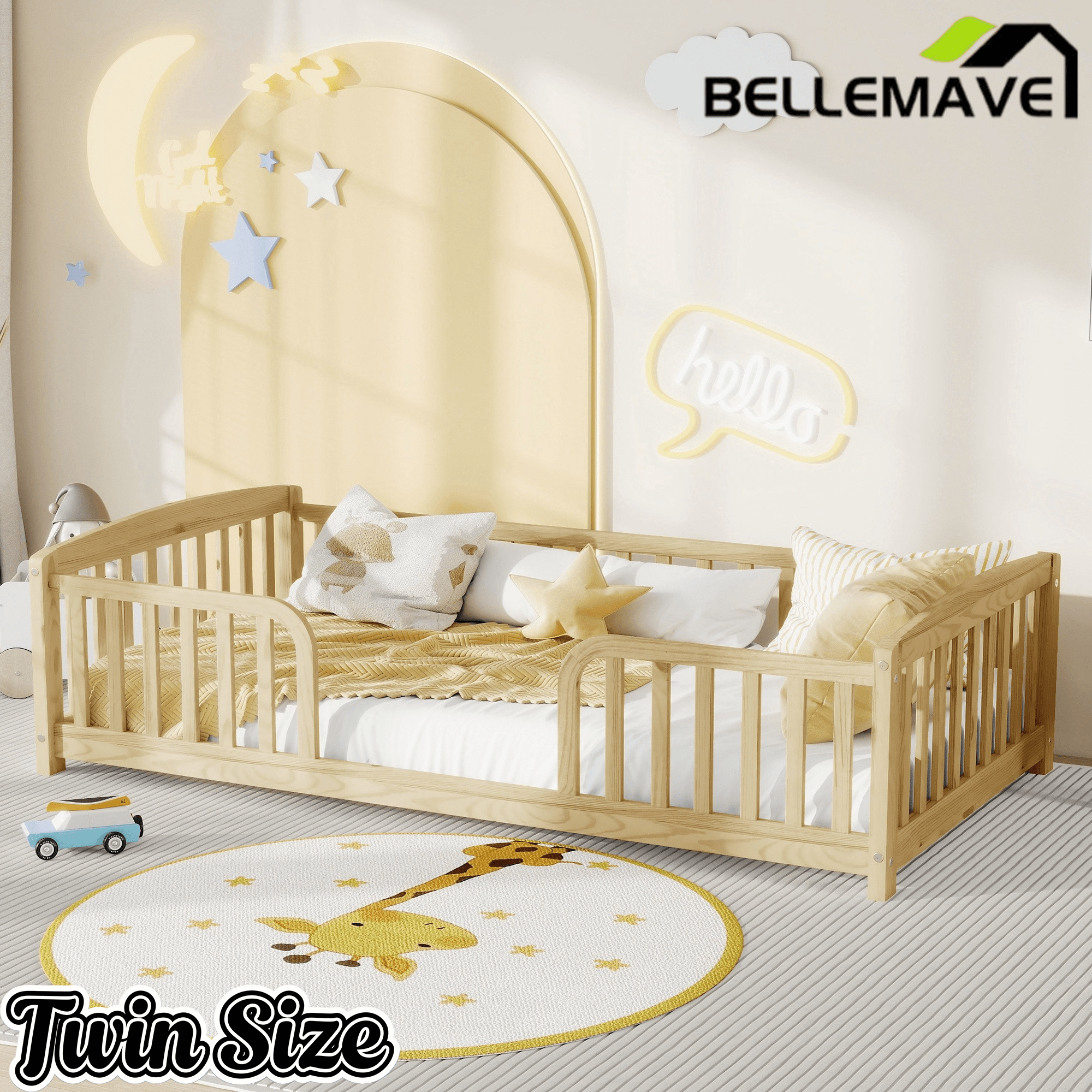Bellemave® Pine Wood Floor Bed with Fence Guardrails & Central Entrance - Bellemave