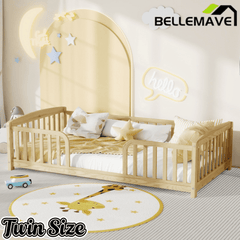 Bellemave® Pine Wood Floor Bed with Fence Guardrails & Central Entrance - Bellemave