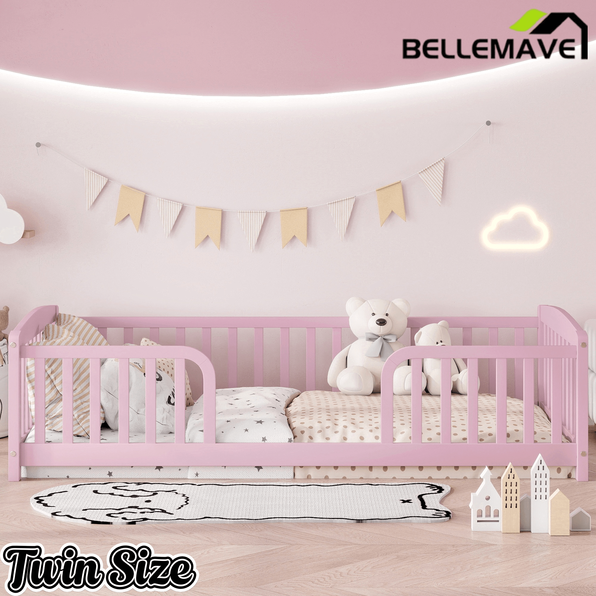 Bellemave® Pine Wood Floor Bed with Fence Guardrails & Central Entrance - Bellemave