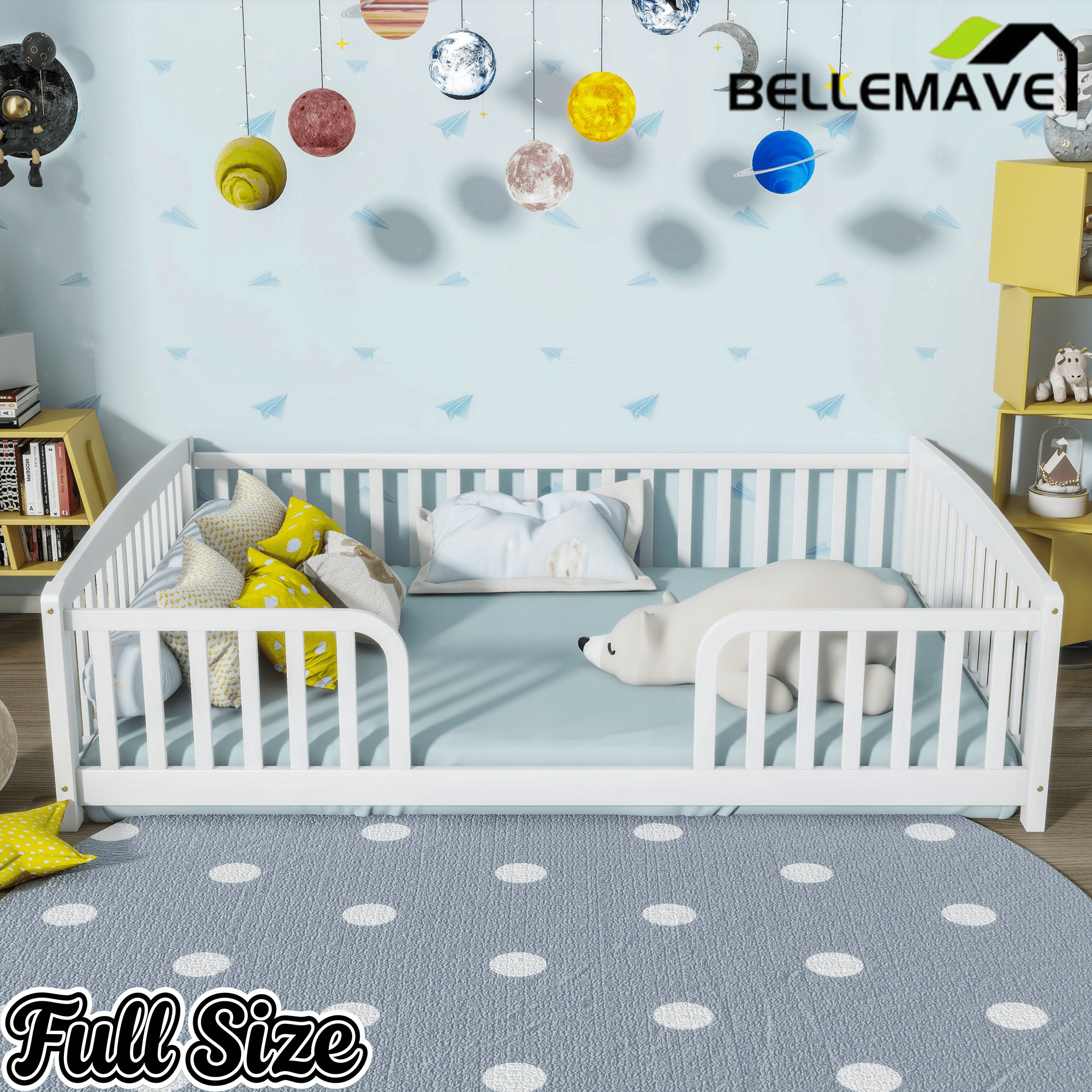 Bellemave® Pine Wood Floor Bed with Fence Guardrails & Central Entrance - Bellemave