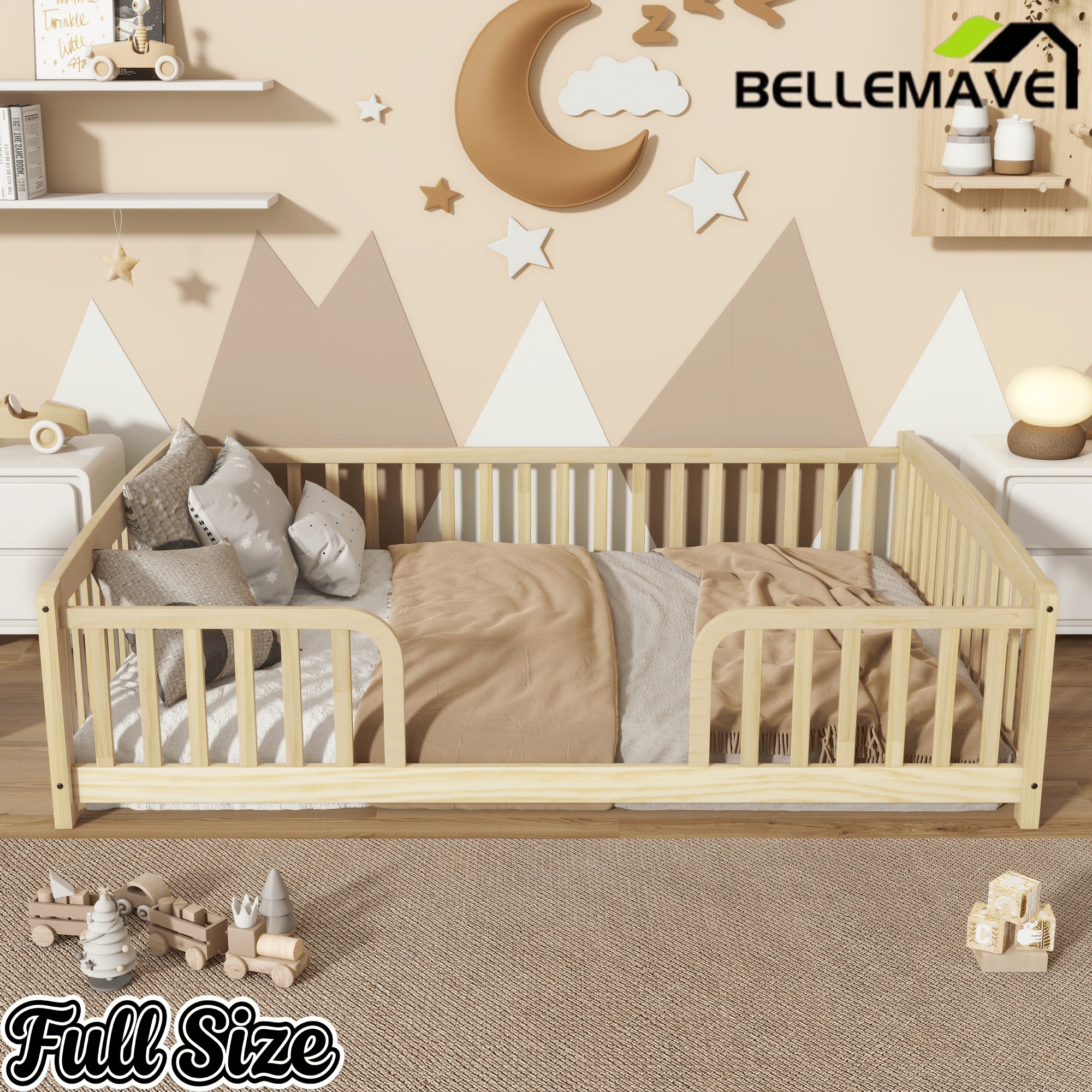 Bellemave® Pine Wood Floor Bed with Fence Guardrails & Central Entrance - Bellemave