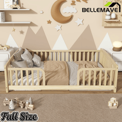 Bellemave® Pine Wood Floor Bed with Fence Guardrails & Central Entrance - Bellemave