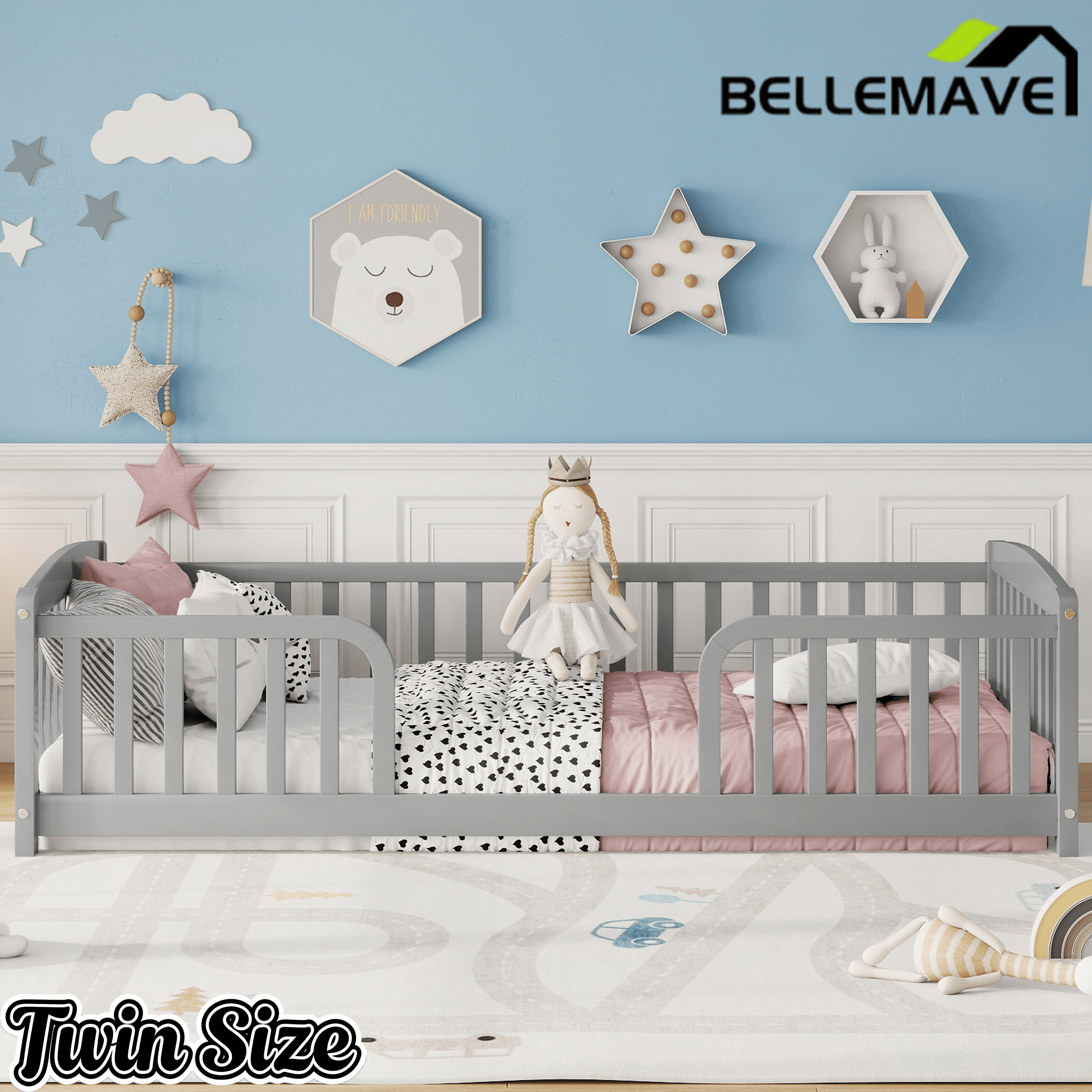 Bellemave® Pine Wood Floor Bed with Fence Guardrails & Central Entrance - Bellemave