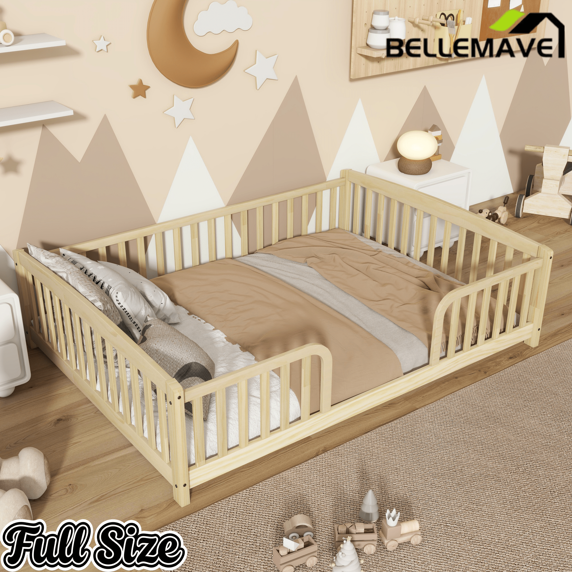 Bellemave® Pine Wood Floor Bed with Fence Guardrails & Central Entrance - Bellemave