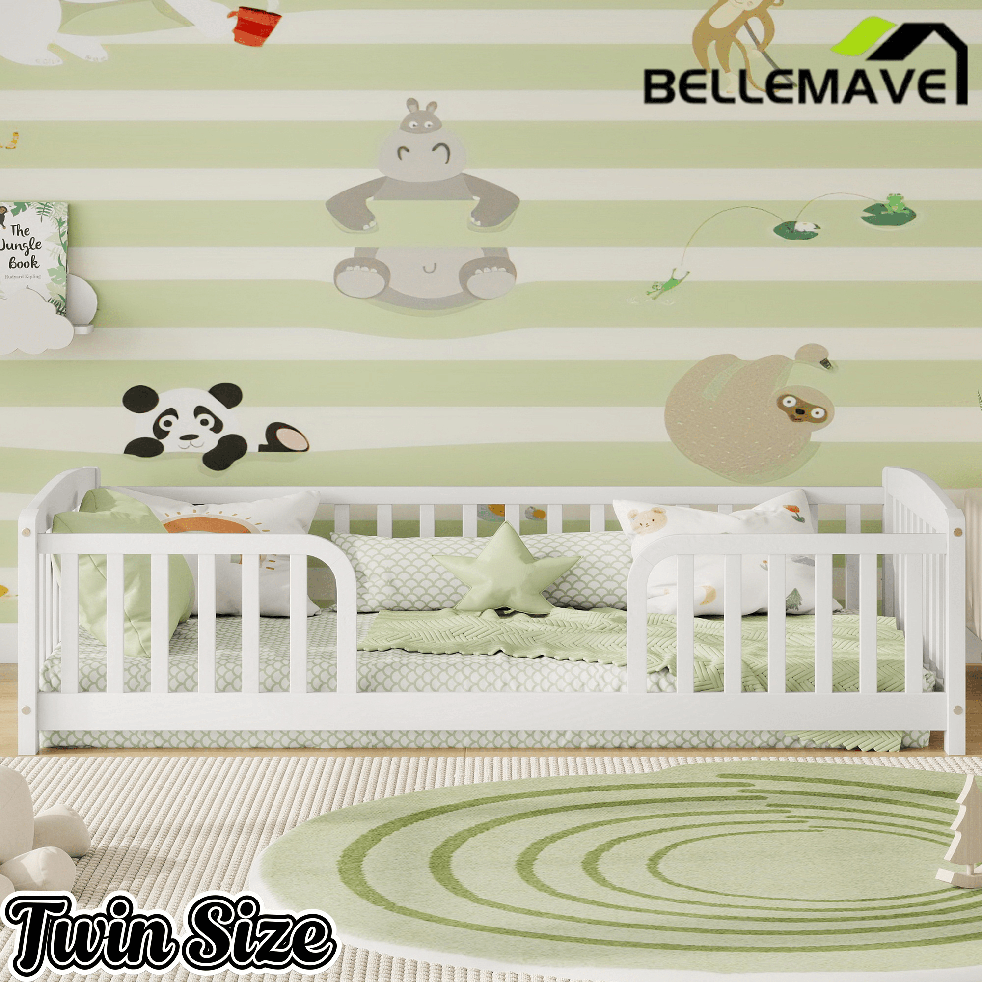 Bellemave® Pine Wood Floor Bed with Fence Guardrails & Central Entrance - Bellemave