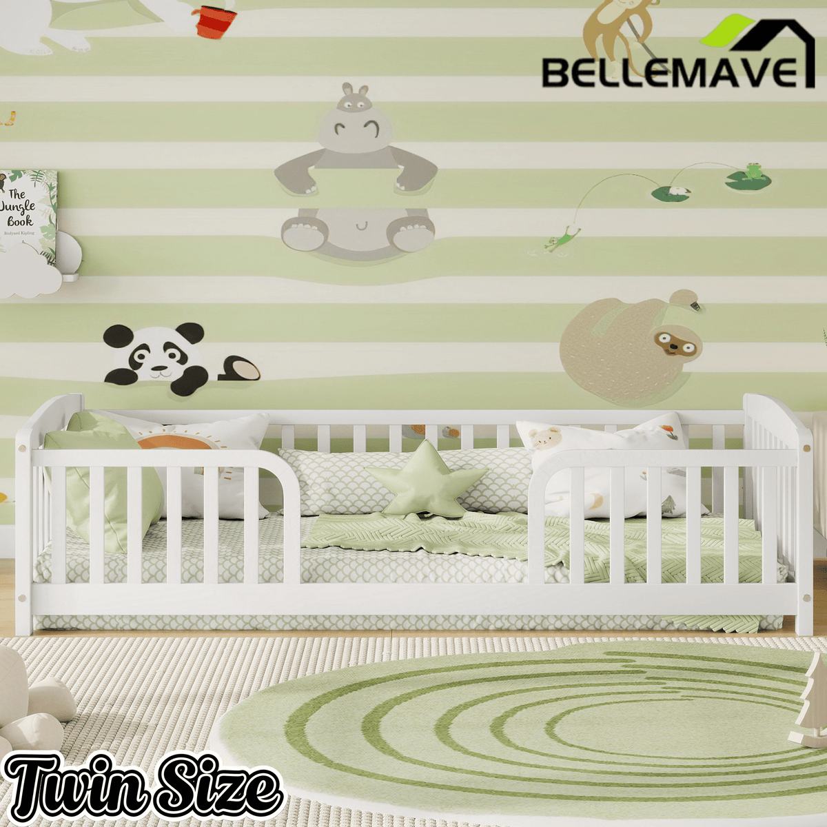 Bellemave® Pine Wood Floor Bed with Fence Guardrails & Central Entrance - Bellemave
