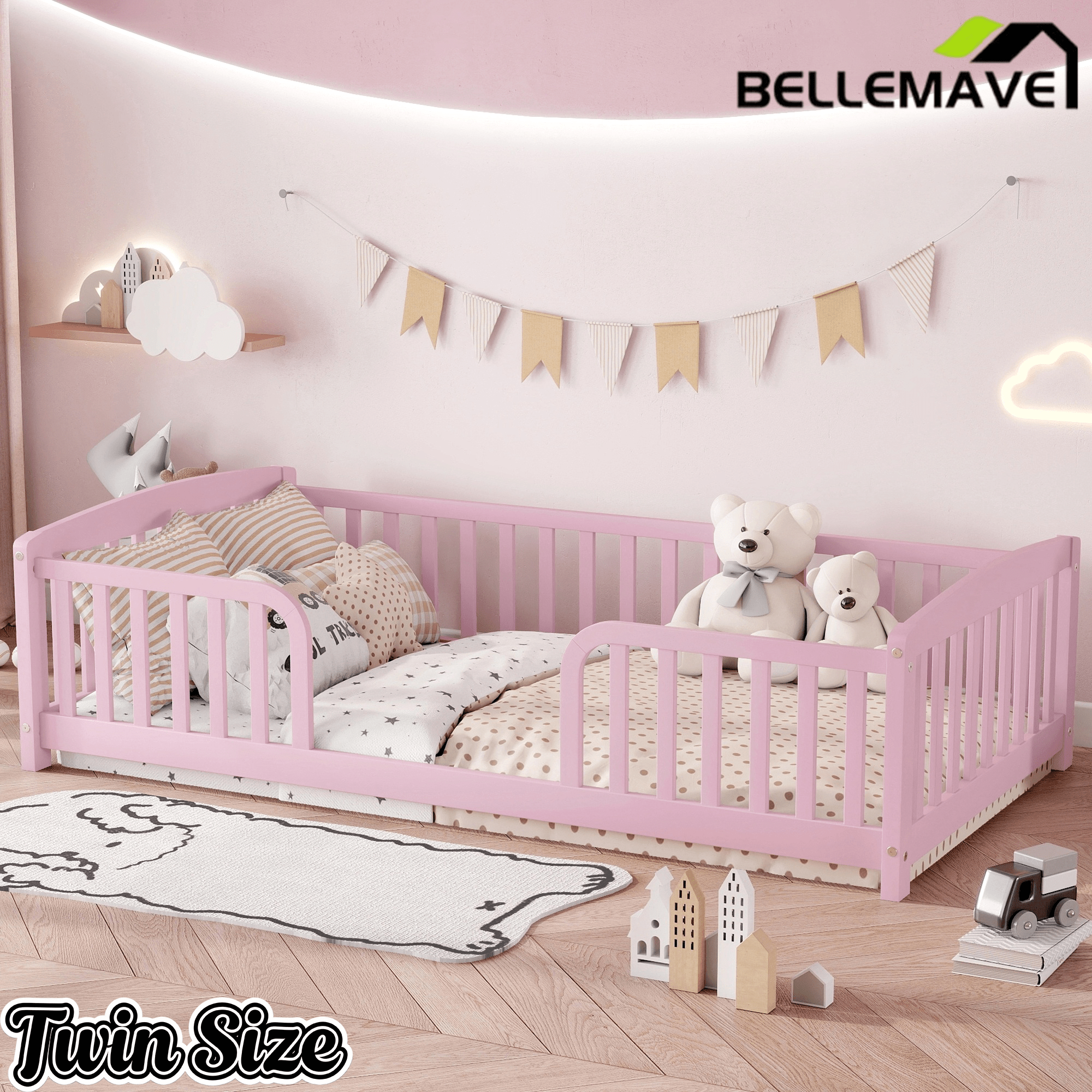 Bellemave® Pine Wood Floor Bed with Fence Guardrails & Central Entrance - Bellemave