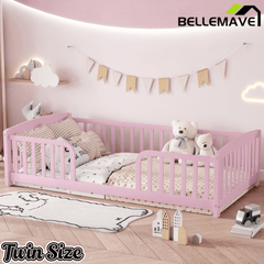 Bellemave® Pine Wood Floor Bed with Fence Guardrails & Central Entrance - Bellemave