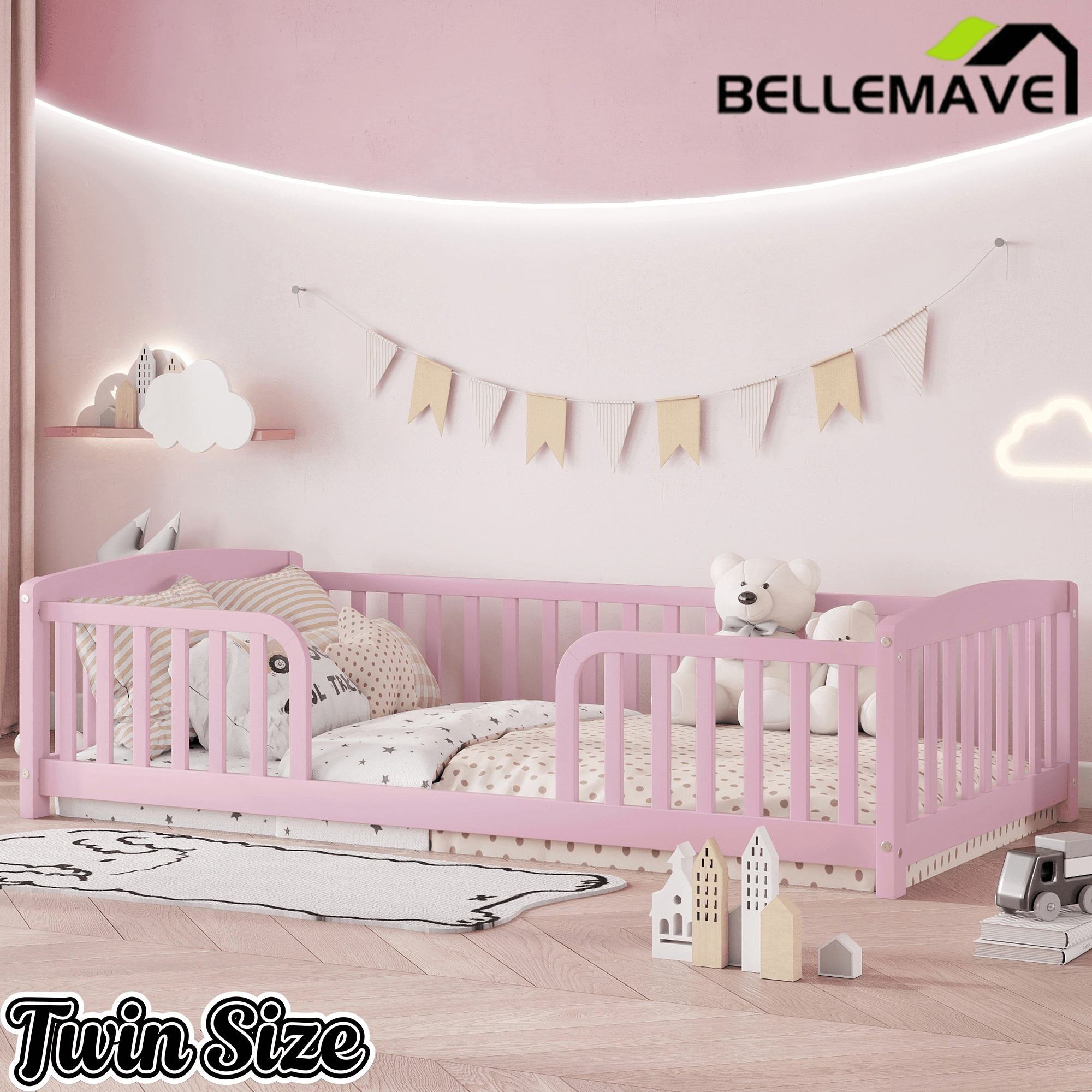 Bellemave® Pine Wood Floor Bed with Fence Guardrails & Central Entrance - Bellemave