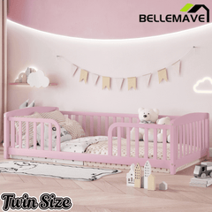Bellemave® Pine Wood Floor Bed with Fence Guardrails & Central Entrance - Bellemave