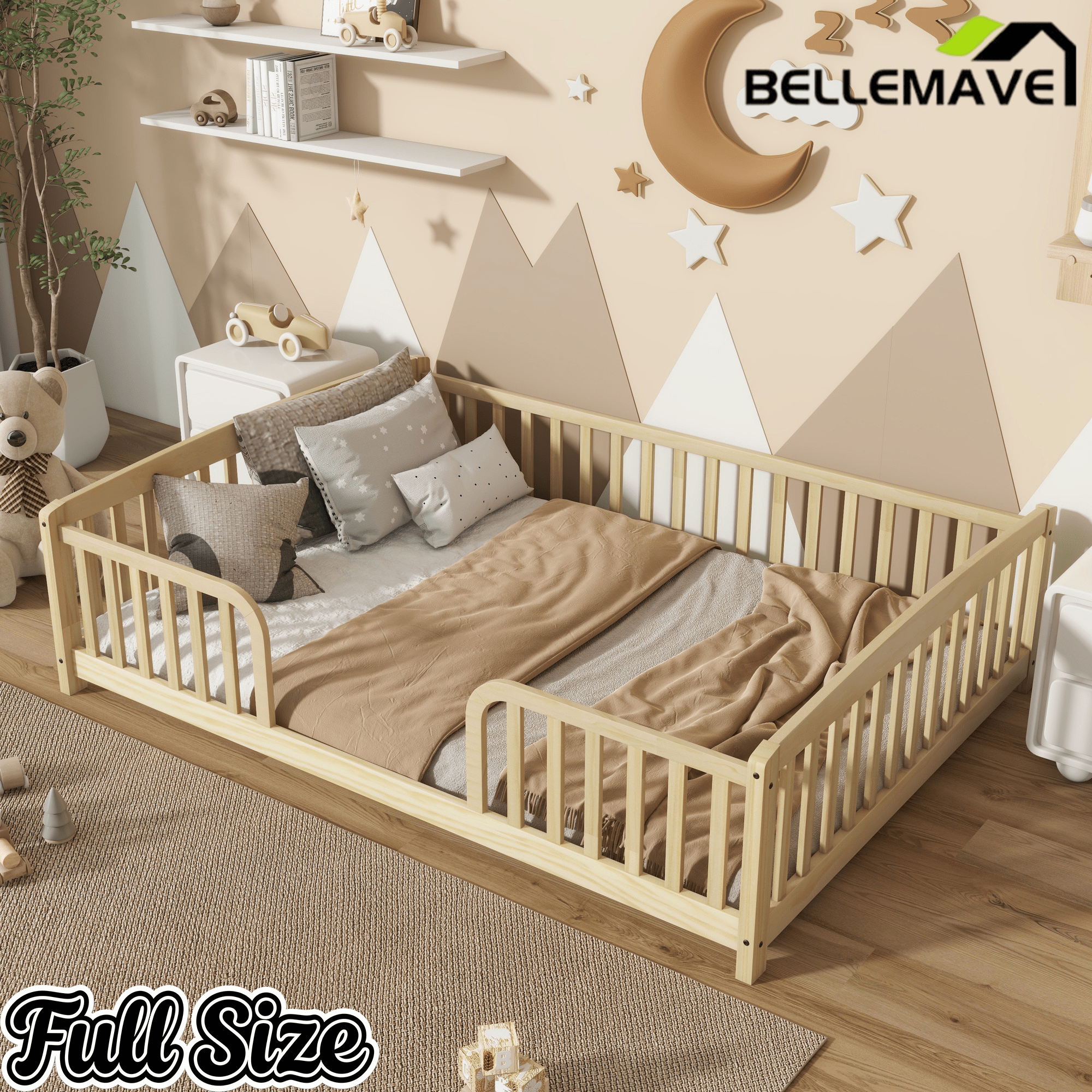 Bellemave® Pine Wood Floor Bed with Fence Guardrails & Central Entrance - Bellemave