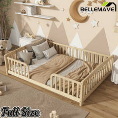 Bellemave® Pine Wood Floor Bed with Fence Guardrails & Central Entrance - Bellemave