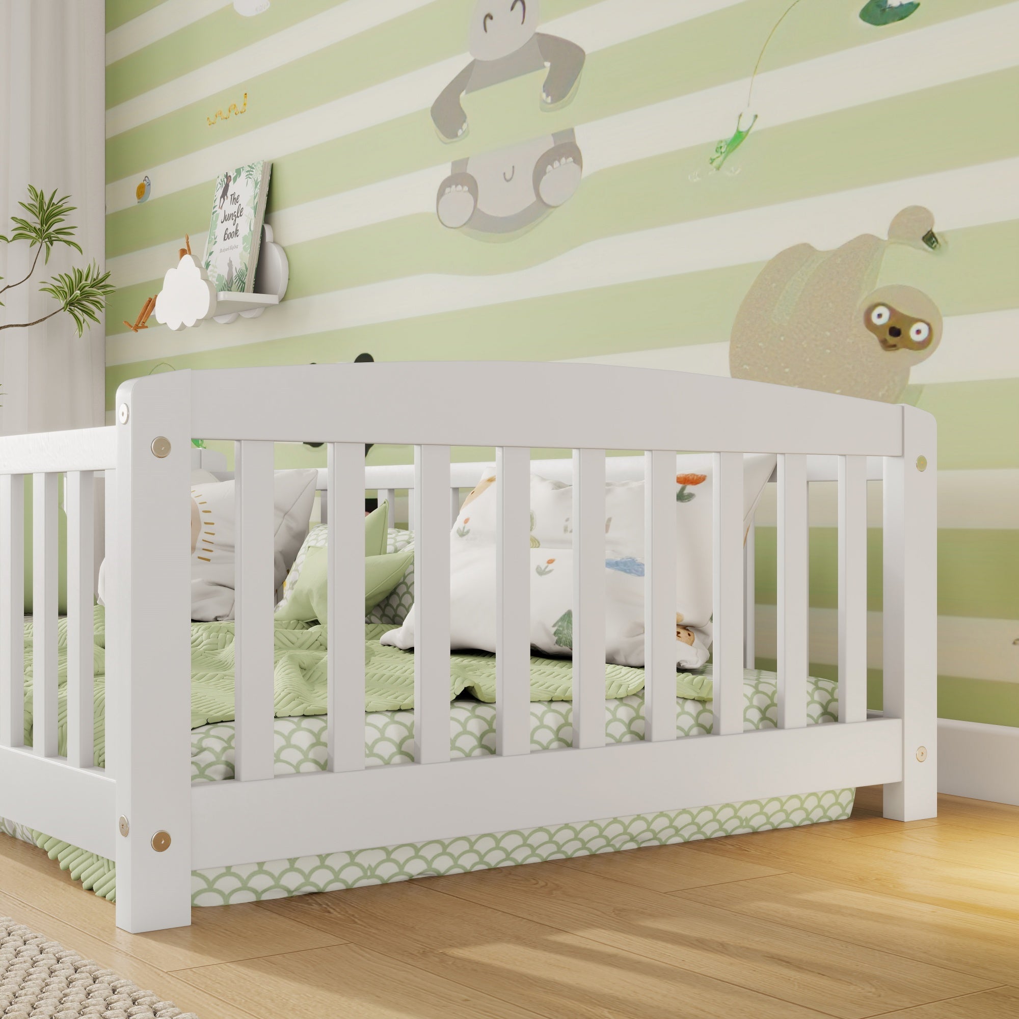 Bellemave® Pine Wood Floor Bed with Fence Guardrails & Central Entrance - Bellemave