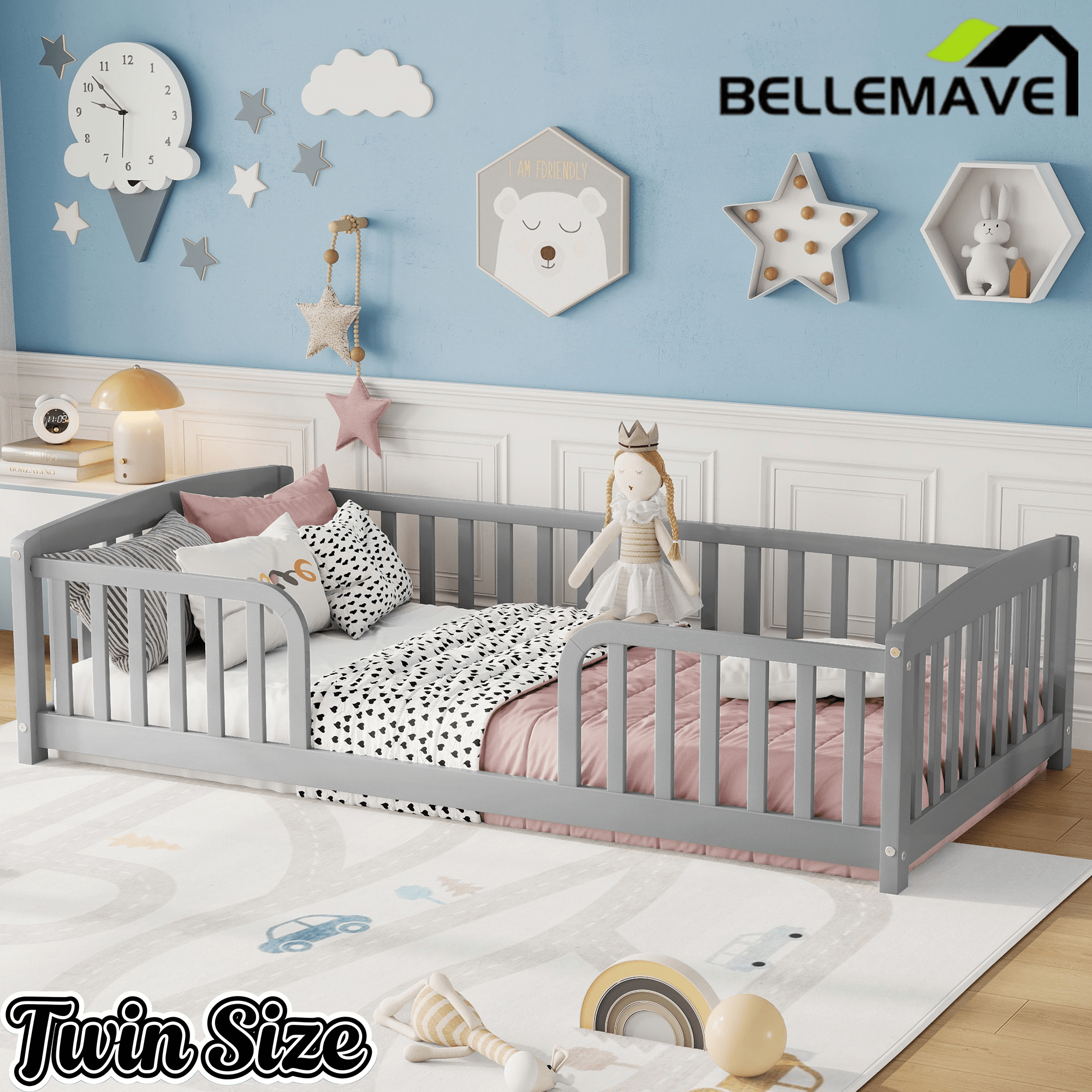 Bellemave® Pine Wood Floor Bed with Fence Guardrails & Central Entrance - Bellemave