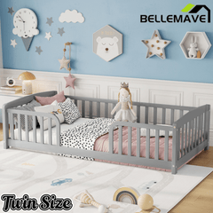Bellemave® Pine Wood Floor Bed with Fence Guardrails & Central Entrance - Bellemave