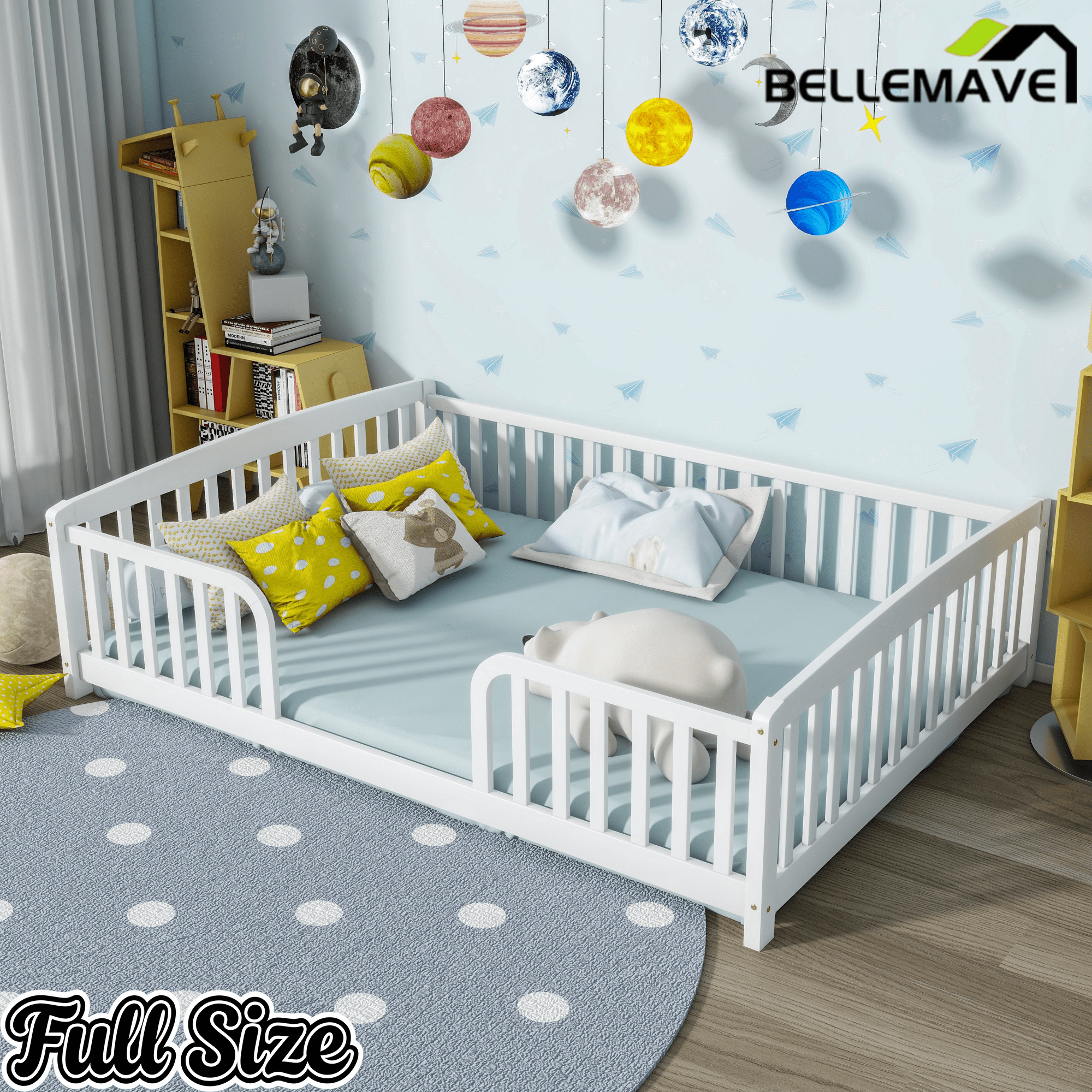 Bellemave® Pine Wood Floor Bed with Fence Guardrails & Central Entrance - Bellemave