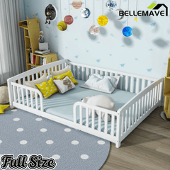 Bellemave® Pine Wood Floor Bed with Fence Guardrails & Central Entrance - Bellemave