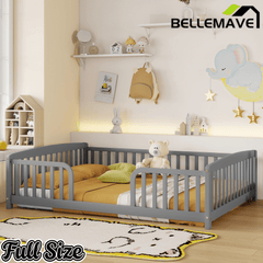 Bellemave® Pine Wood Floor Bed with Fence Guardrails & Central Entrance - Bellemave