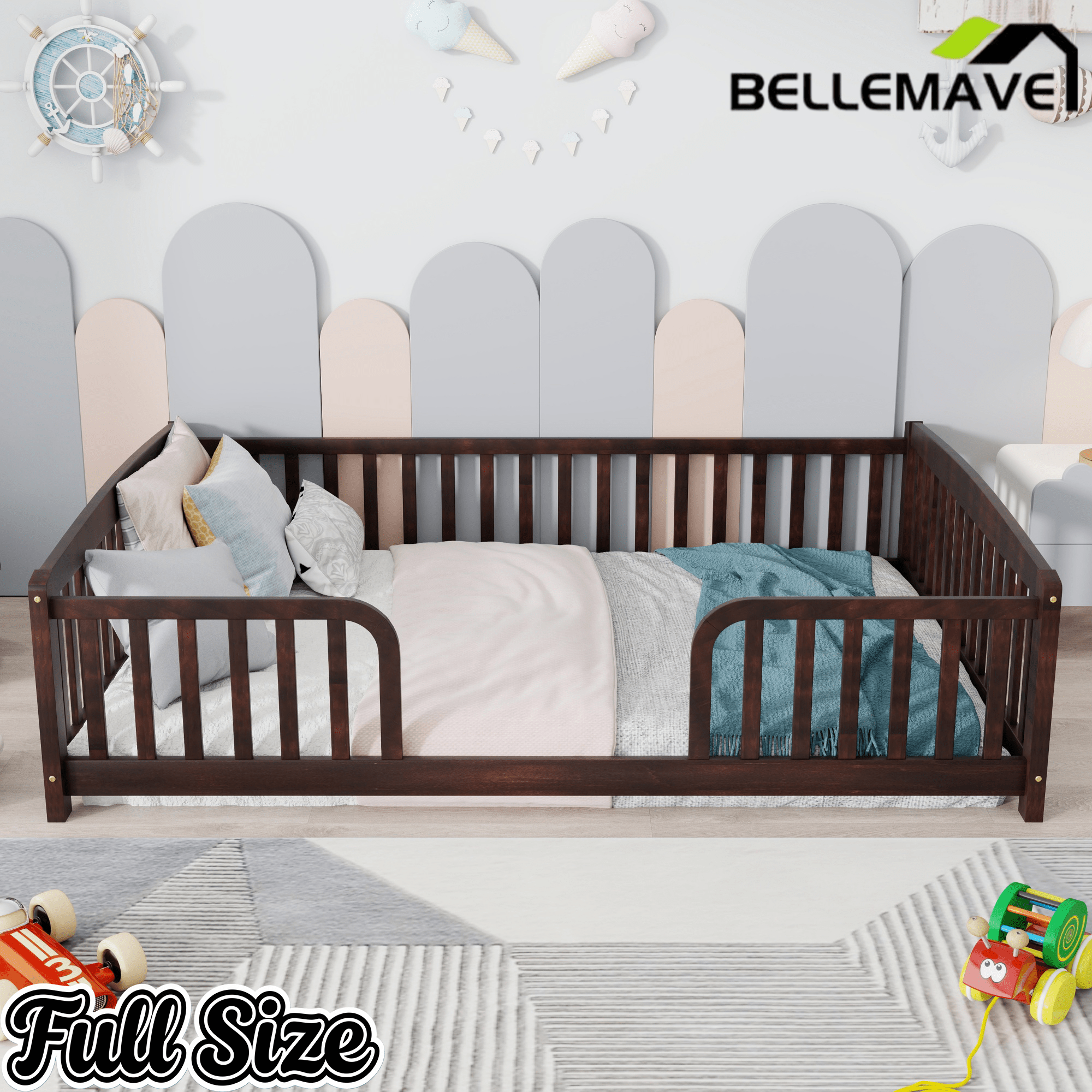 Bellemave® Pine Wood Floor Bed with Fence Guardrails & Central Entrance - Bellemave