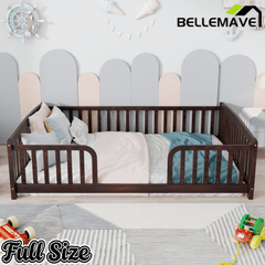 Bellemave® Pine Wood Floor Bed with Fence Guardrails & Central Entrance - Bellemave