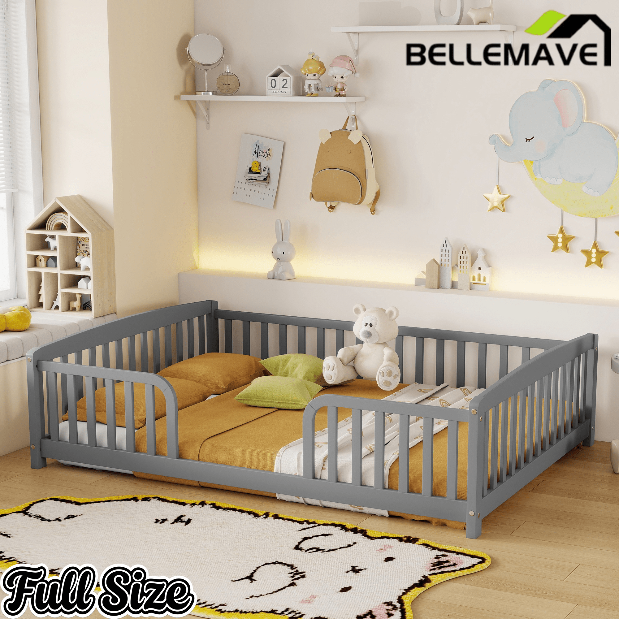Bellemave® Pine Wood Floor Bed with Fence Guardrails & Central Entrance - Bellemave
