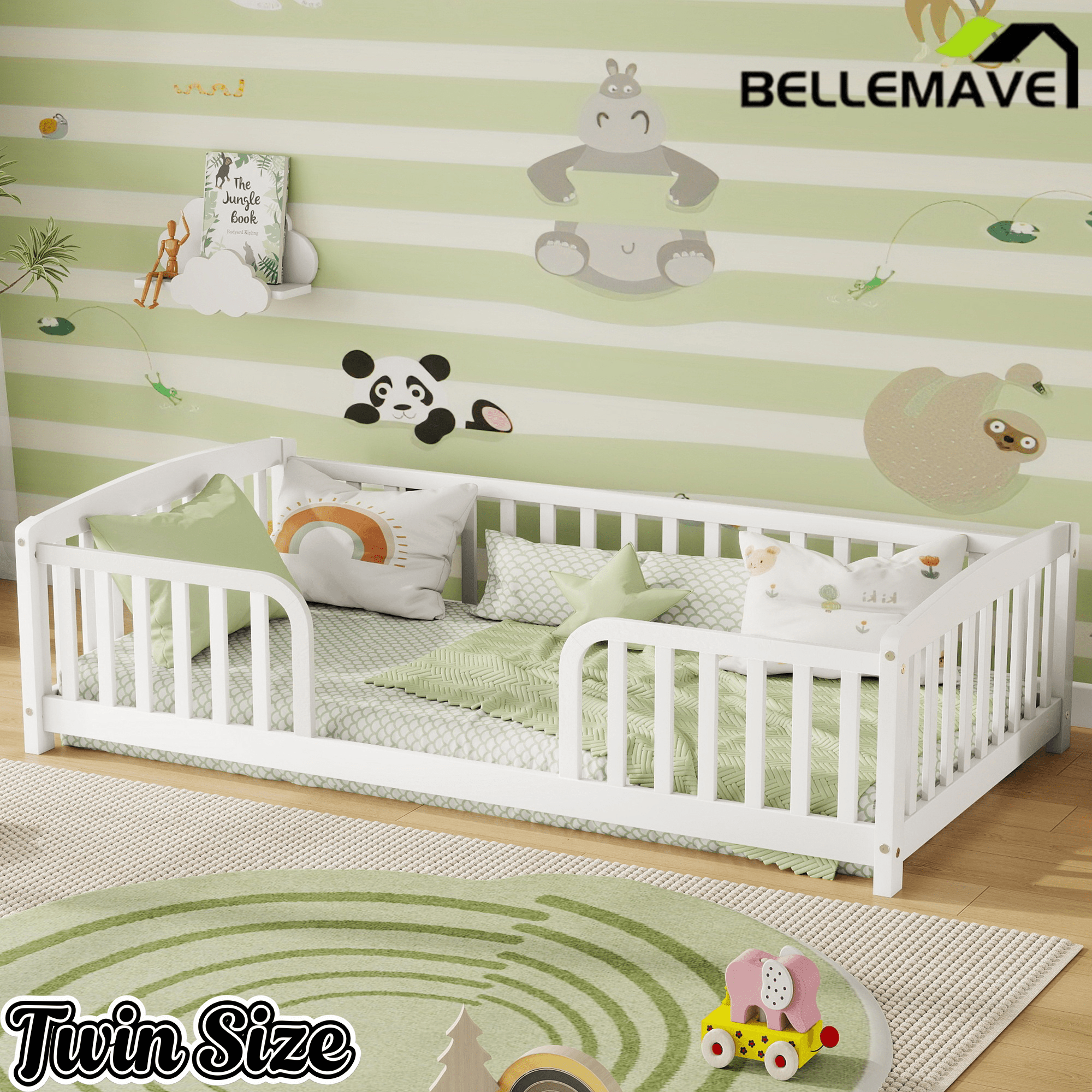 Bellemave® Pine Wood Floor Bed with Fence Guardrails & Central Entrance - Bellemave