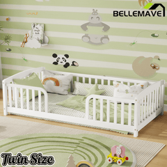 Bellemave® Pine Wood Floor Bed with Fence Guardrails & Central Entrance - Bellemave