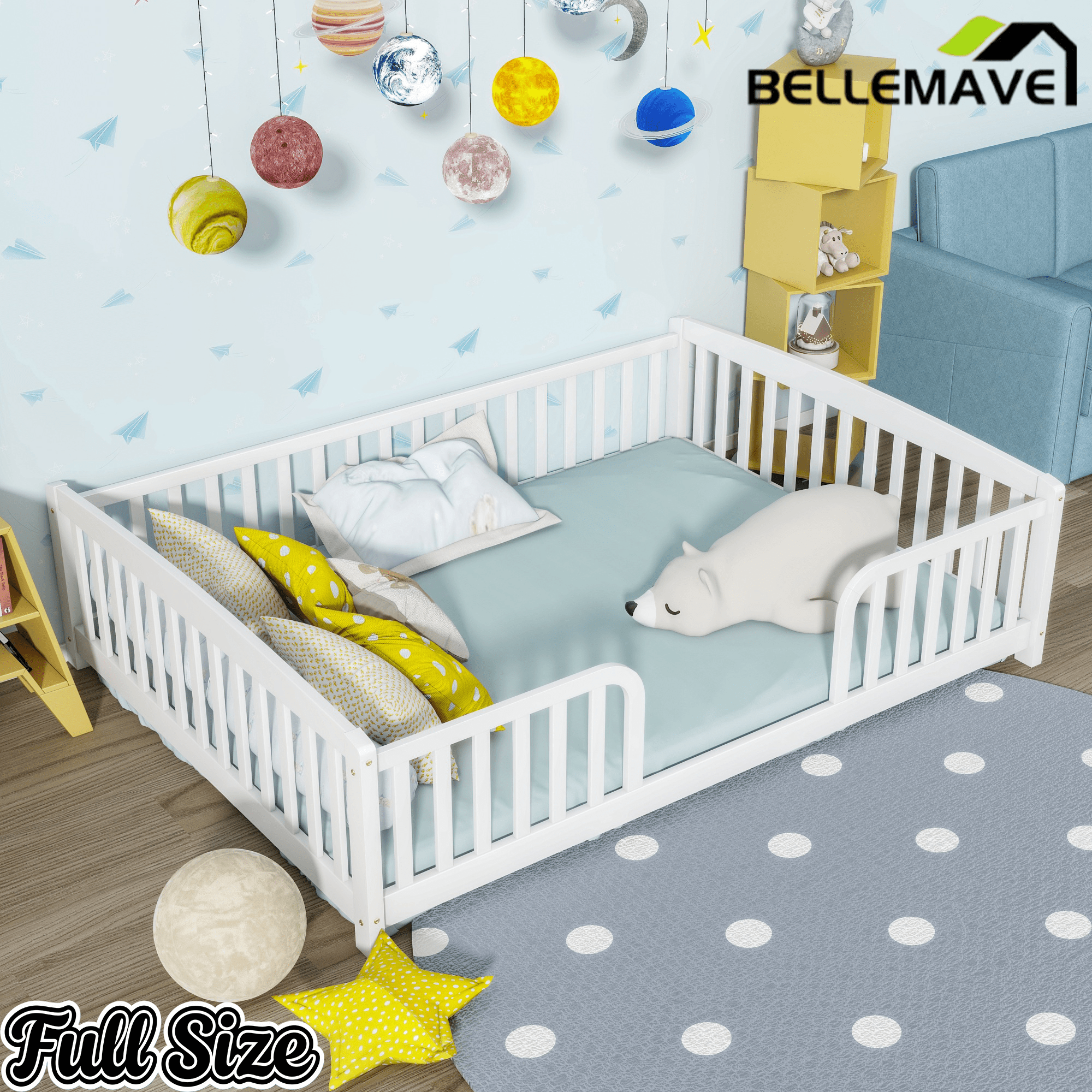 Bellemave® Pine Wood Floor Bed with Fence Guardrails & Central Entrance - Bellemave