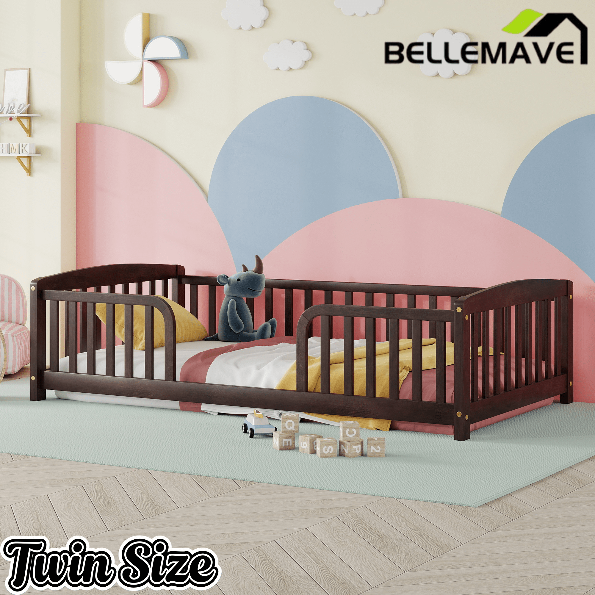Bellemave® Pine Wood Floor Bed with Fence Guardrails & Central Entrance - Bellemave