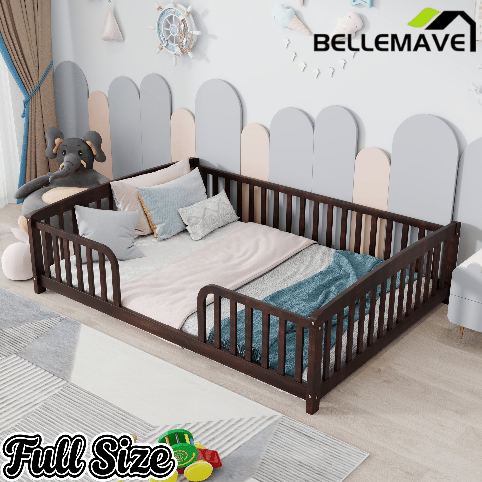 Bellemave® Pine Wood Floor Bed with Fence Guardrails & Central Entrance - Bellemave