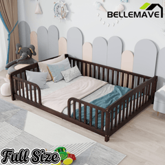 Bellemave® Pine Wood Floor Bed with Fence Guardrails & Central Entrance - Bellemave