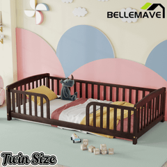 Bellemave® Pine Wood Floor Bed with Fence Guardrails & Central Entrance - Bellemave