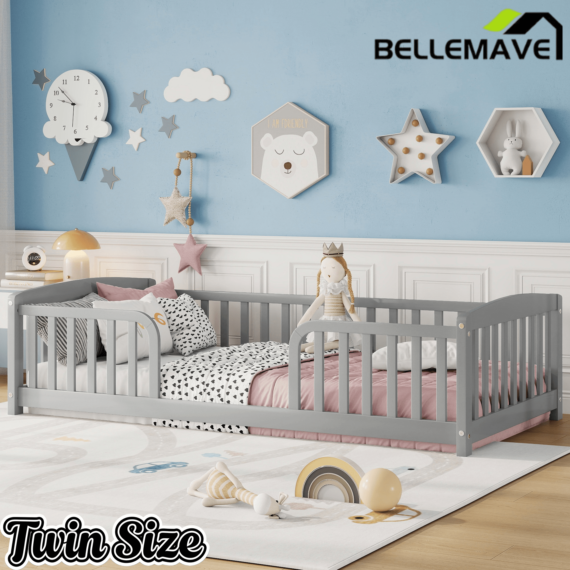 Bellemave® Pine Wood Floor Bed with Fence Guardrails & Central Entrance - Bellemave