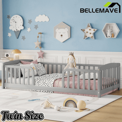 Bellemave® Pine Wood Floor Bed with Fence Guardrails & Central Entrance - Bellemave