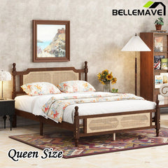 Bellemave® Pine Wooden Bed with Rattan Headboard and Footboard - Bellemave