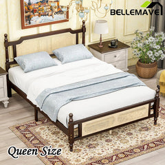 Bellemave® Pine Wooden Bed with Rattan Headboard and Footboard - Bellemave