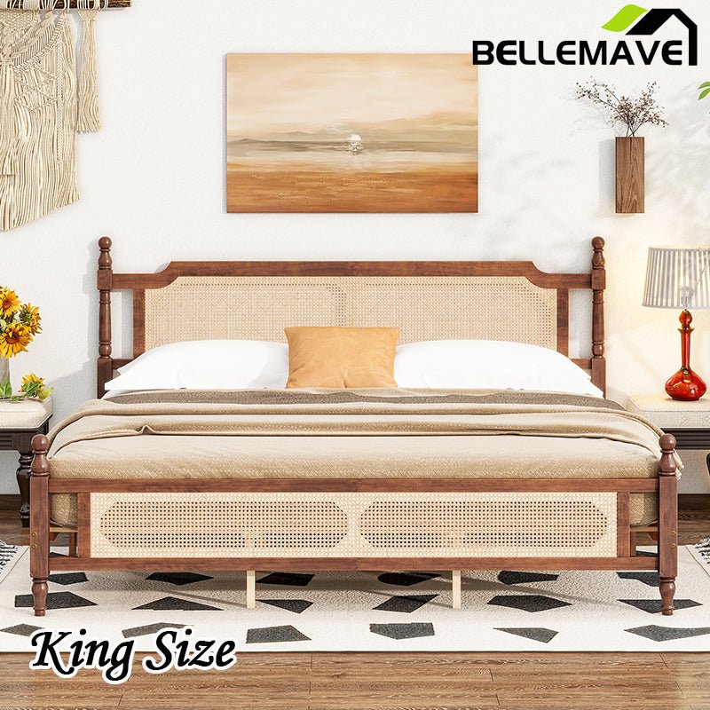 Bellemave® Pine Wooden Bed with Rattan Headboard and Footboard - Bellemave